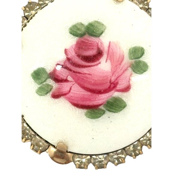 Vintage Floral Porcelain Rose Brooch With Rhinestone Accents - Picture 8 of 11